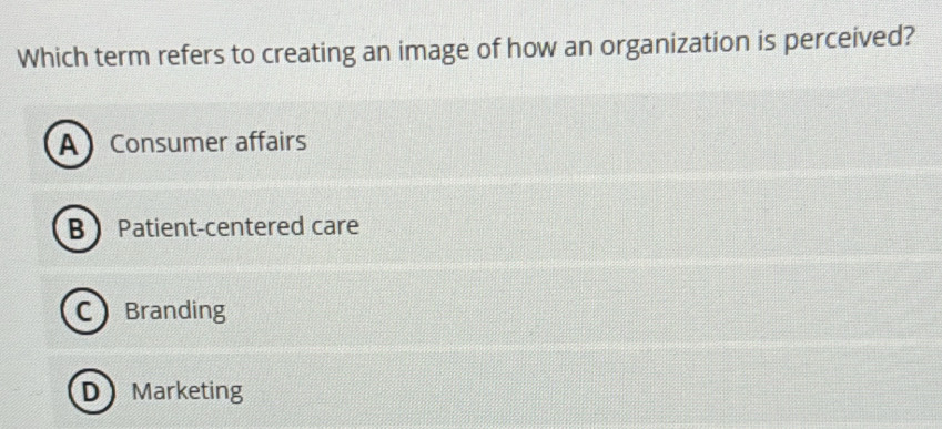 Solved: Which term refers to creating an image of how an organization ...