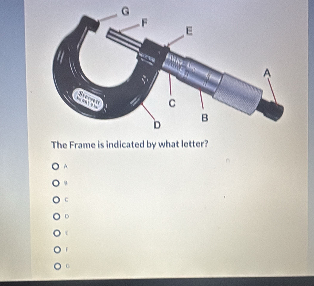 The Frame is indicated by what letter?
A
C
D
ε
F
G