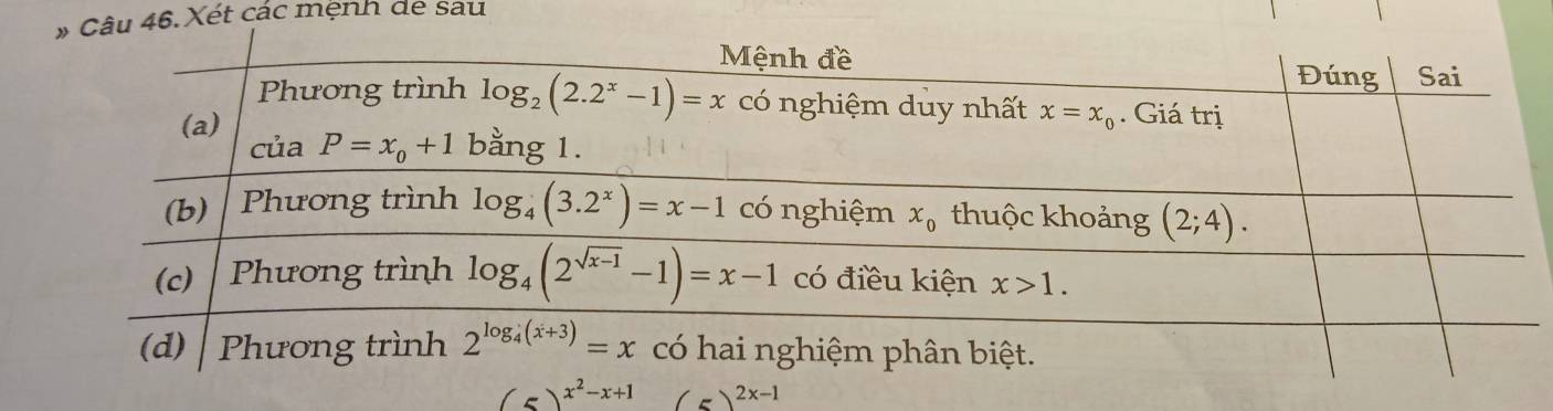 Xét các mệnh de sau
(5)^x^2-x+1(5)^2x-1