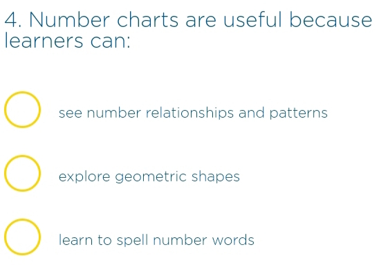 Number charts are useful because
learners can:
see number relationships and patterns
explore geometric shapes
learn to spell number words