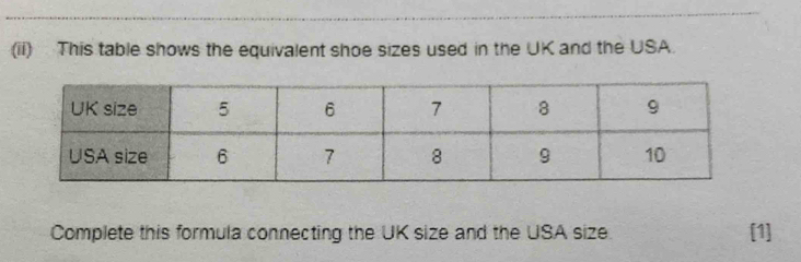 (ii) This table shows the equivalent shoe sizes used in the UK and the USA. 
Complete this formula connecting the UK size and the USA size. [1]