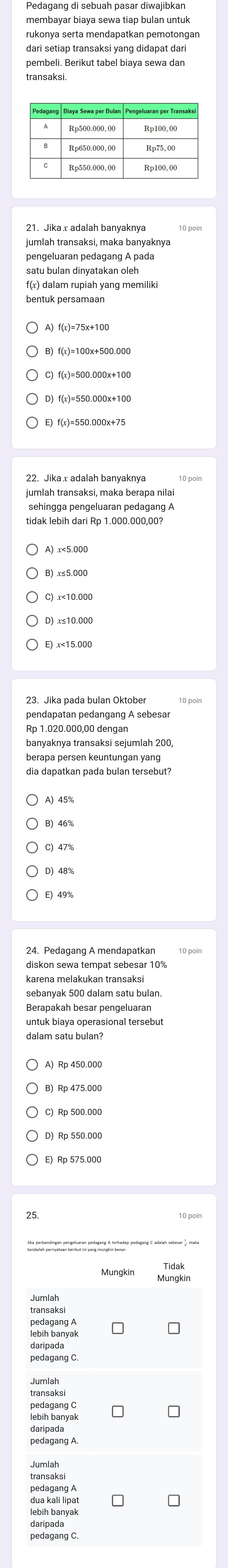 rukonya serta mendapatkan pemotongan
pembeli. Berikut tabel biaya sewa dan
jumlah transaksi, maka banyaknya
22. Jika x adalah banyaknya
jumlah transaksi, maka berapa nilai
sehingga pengeluaran pedagang A
tidak lebih dari Rp 1.000.000,00?
23. Jika pada bulan Oktober
pendapatan pedangang A sebesar
Rp 1.020.000,00 dengan
banyaknya transaksi sejumlah 200,
berapa persen keuntungan yang
B) 46%
C) 47%
D) 48%
E) 49%
sebanyak 500 dalam satu bulan.
dalam satu bulan'
25.
tandalas permyatsan beritue o pang sounglu tunele elagan C acalah ebesar , mak
lebih banyak
daripada