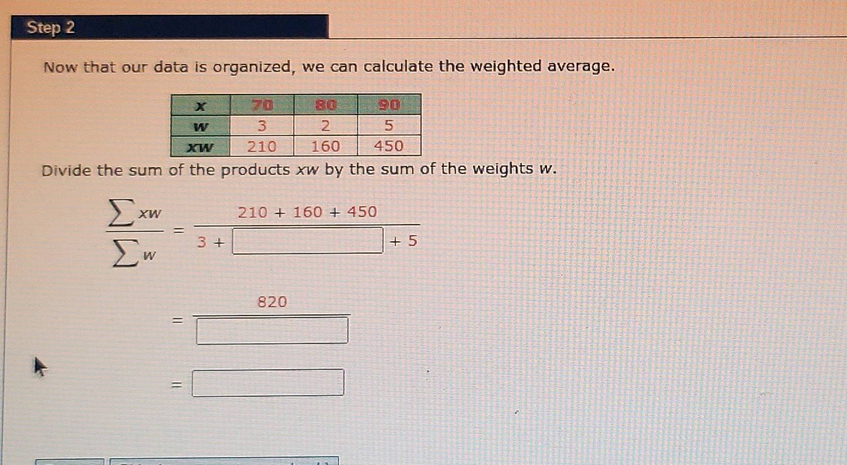 Now that our data is organized, we can calculate the weighted average. 
Divide the sum of the products xw by the sum of the weights w.
 sumlimits xw/sumlimits w = (210+160+450)/3+□ +5 
= 820/□  
=□