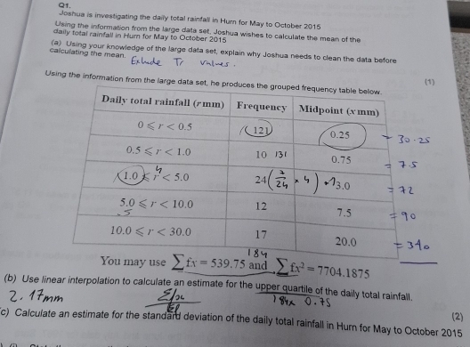 Joshua is investigating the daily total rainfall in Hum for May to October 2015
Using the information from the large data set, Joshua wishes to calculate the mean of the
daily total rainfall in Hum for May to October 2015
calculating the mean. (a) Using your knowledge of the large data set, explain why Joshua needs to clean the data before
Using the information from th
£x^2=7704.1875
(b) Use linear interpolation to calculate an estimate for the upper quartile of the daily total rainfall.
(2)
c) Calculate an estimate for the standard deviation of the daily total rainfall in Hurn for May to October 2015