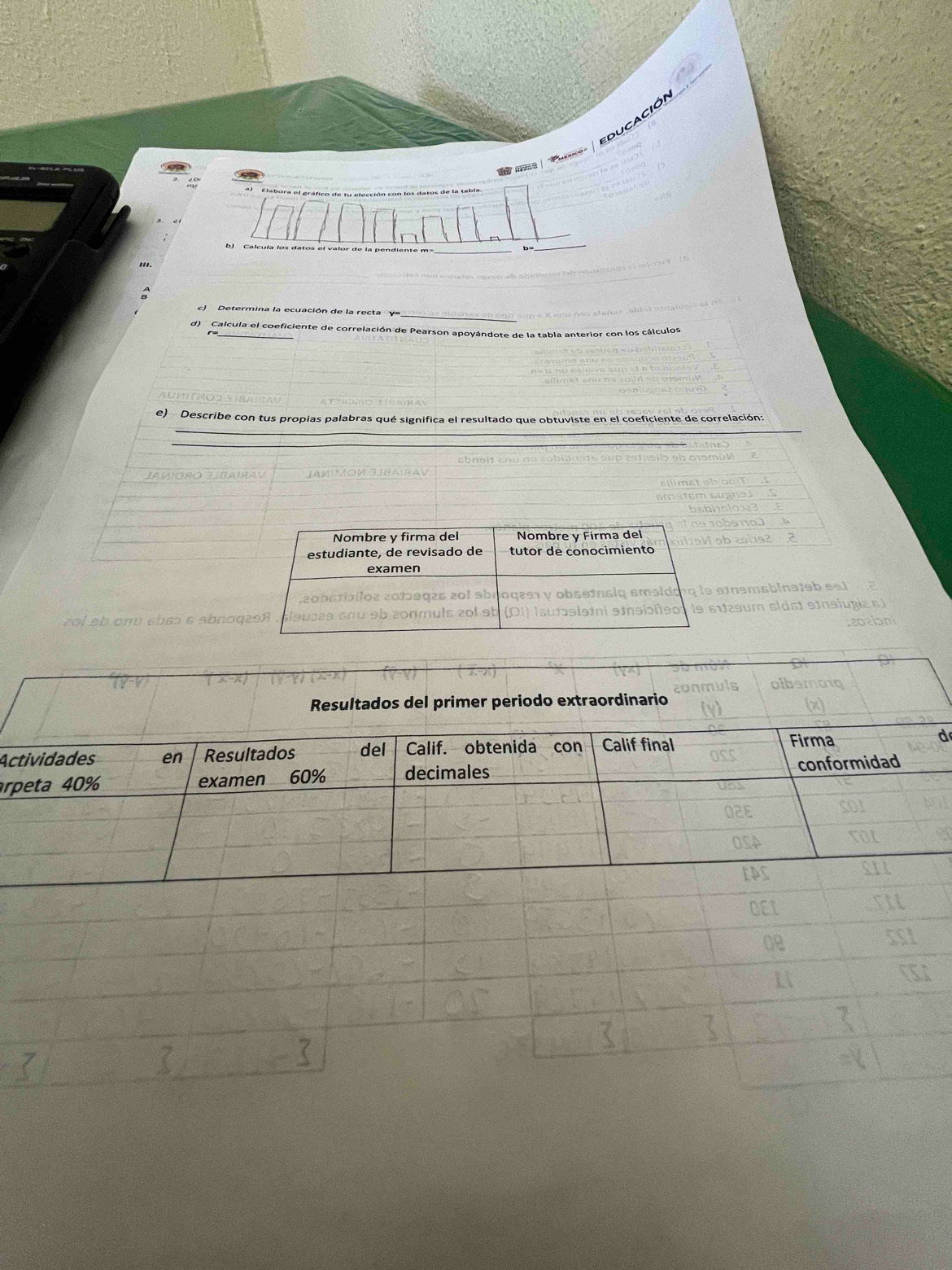 educación 
'' 
_ 
_ 
c) Determina la ecuación de la recta == 
d) Calcula el coeficiente de correlación de Pearson apoyándote de la tabla anterior con los cálculos 
e) Describe con tus propias palabras qué significa el resultado que obtuviste en el coeficiente de correlación: 
_ 
_ 
Javioro 3Ibairav JAM|MOM 3J8A:av 
zol ab onu sbaɔ ε abnoq 
Resultados del primer periodo extraordinario 
Aa 
ar