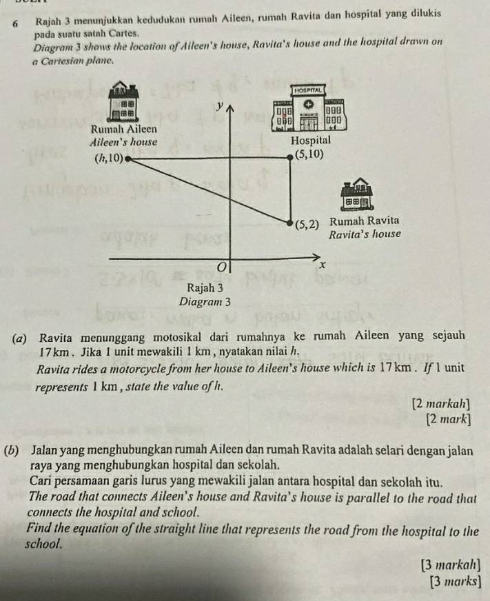 Rajah 3 menunjukkan kedudukan rumah Aileen, rumah Ravita dan hospital yang dilukis
pada suatu satah Cartes.
Diagram 3 shows the location of Aileen's house, Ravita's house and the hospital drawn on
a Cartesian plane.
(α) Ravita menunggang motosikal dari rumahnya ke rumah Aileen yang sejauh
17 km . Jika 1 unit mewakili 1 km , nyatakan nilai h.
Ravita rides a motorcycle from her house to Aileen's house which is 17 km . If 1 unit
represents 1 km, state the value of h.
[2 markah]
[2 mark]
(b) Jalan yang menghubungkan rumah Aileen dan rumah Ravita adalah selari dengan jalan
raya yang menghubungkan hospital dan sekolah.
Cari persamaan garis lurus yang mewakili jalan antara hospital dan sekolah itu.
The road that connects Aileen’s house and Ravita’s house is parallel to the road that
connects the hospital and school.
Find the equation of the straight line that represents the road from the hospital to the
school.
[3 markah]
[3 marks]