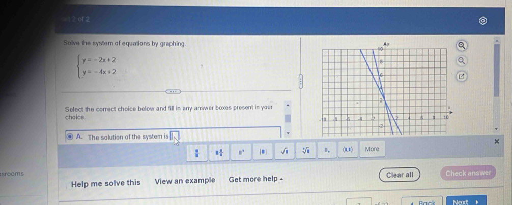 at 2 of 2
Solve the system of equations by graphing
beginarrayl y=-2x+2 y=-4x+2endarray.
Select the correct choice below and fill in any answer boxes present in your
choice 
A. The solution of the system is
 □ /□   □  □ /□   □° | ≡ | sqrt(□ ) V ". (8,8) More
srooms Check answer
Help me solve this View an example Get more help ^ Clear all
Rack Next