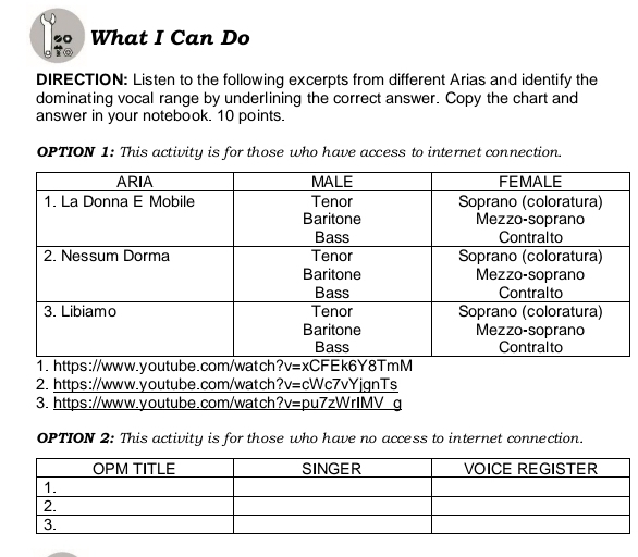 What I Can Do
DIRECTION: Listen to the following excerpts from different Arias and identify the
dominating vocal range by underlining the correct answer. Copy the chart and
answer in your notebook. 10 points.
OPTION 1: This activity is for those who have access to internet connection.
2. https://www.youtube.com/watch ?v= cWc7vYjgnTs
3. https://www.youtube.com/watch _ ?v= pu7zWrIMV g
OPTION 2: This activity is for those who have no access to internet connection.