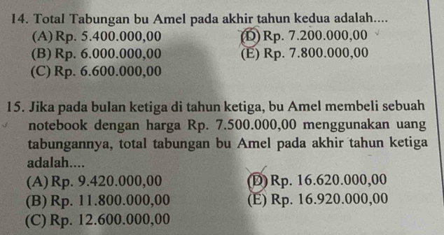 Total Tabungan bu Amel pada akhir tahun kedua adalah....
(A) Rp. 5.400.000,00 (D) Rp. 7.200.000,00
(B) Rp. 6.000.000,00 (E) Rp. 7.800.000,00
(C) Rp. 6.600.000,00
15. Jika pada bulan ketiga di tahun ketiga, bu Amel membeli sebuah
notebook dengan harga Rp. 7.500.000,00 menggunakan uang
tabungannya, total tabungan bu Amel pada akhir tahun ketiga
adalah....
(A) Rp. 9.420.000,00 (D) Rp. 16.620.000,00
(B) Rp. 11.800.000,00 (E) Rp. 16.920.000,00
(C) Rp. 12.600.000,00