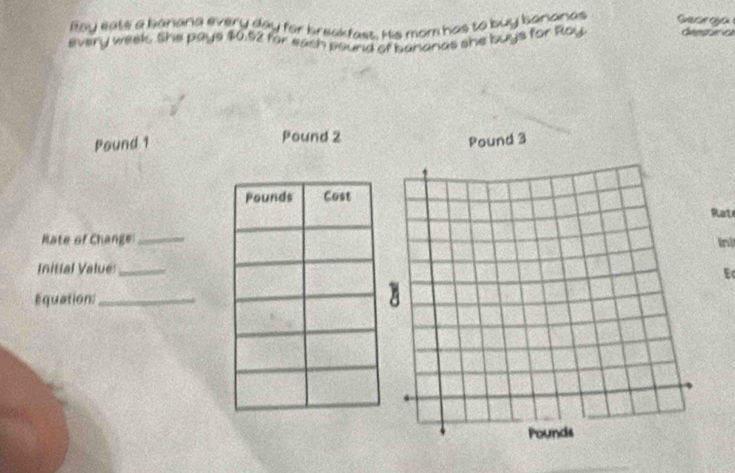 Roy eats a banana every day for breakfast. His mom has to buy bananas g 
every weel.. She pays $0.52 for each pound of bananas she buys for Ray 
Pound 2
Pound 1
Rat 
Rate of Change_In| 
Initial Value:_ 
E 
Equation:_