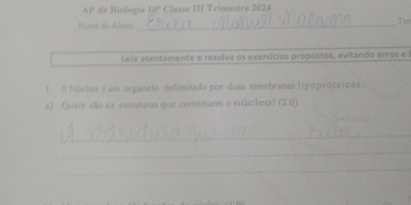 AP de Biología 10° Classe III Trimestre 2024 
Nome do Aluno, _Tun 
Leia atentamente e resolva os exercícios propostos, evitando erros e l 
1. 0 Núcleo éum organelo delimitado por duas membranas lípoproteicas. 
#) Quais são a s estruturas que constituem o núcleo? (2.0) 
_ 
_ 
_