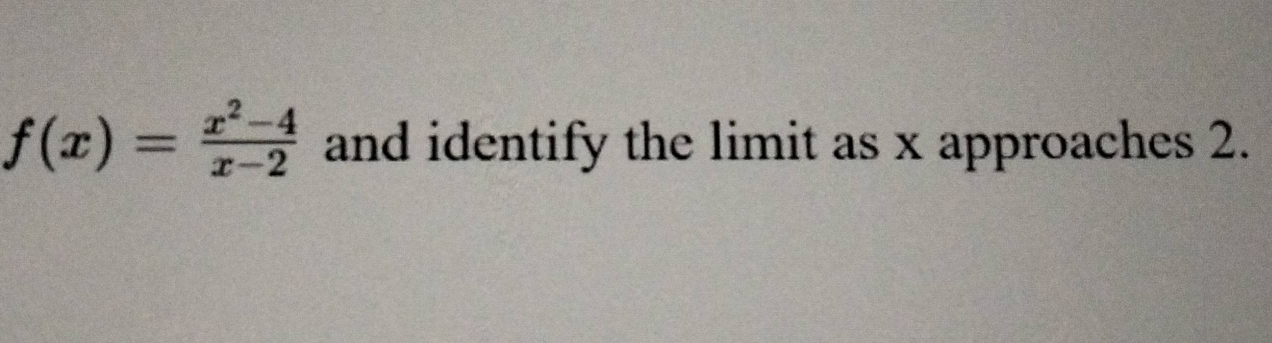 f(x)= (x^2-4)/x-2  and identify the limit as x approaches 2.