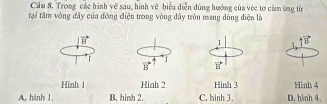 Trong các hình vẽ sau, hình vẽ biểu diễn dúng hướng của véc tơ cảm ứng từ
tại tâm vòng dây của dòng điện trong vòng dây tròn mang dòng điện là
vector B
I
I、 uparrow vector B
I
I
vector B
vector B
Hình l Hình 2 Hình 3 Hinh 4
A. hình 1. B. hình 2. C. hình 3. D. hình 4.