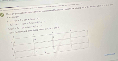 ti edrewdy
The movement of the progress bar may be uneven becouse questions can be worth more or less (including zrro) depending on your enseer
Three polynomials are factored below, but some coefficients and constants are missing. All of the missing values of u, b, c, and
d are integers.
1. x^2-6x+8=(ax+b)(cx+d)
2. 3x^3-6x^2-24x=3x(ax+b)(cx+d)
3. 2x^2-2x-24=(ax+b)(cx+d)
ues of σ, b, c, and d.
Save and close