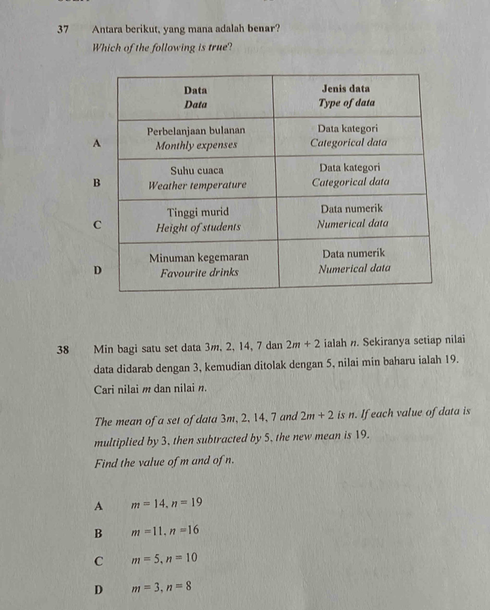 Antara berikut, yang mana adalah benar?
Which of the following is true?
38 Min bagi satu set data 3m, 2, 14, 7 dan 2m+2 ialah . Sekiranya setiap nilai
data didarab dengan 3, kemudian ditolak dengan 5, nilai min baharu ialah 19.
Cari nilai m dan nilain.
The mean of a set of data 3m, 2, 14, 7 and 2m+2 is n. If each value of data is
multiplied by 3, then subtracted by 5. the new mean is 19.
Find the value of m and of n.
A m=14, n=19
B m=11, n=16
C m=5, n=10
D m=3, n=8