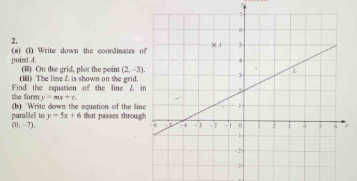 y
2. 
(a) (i) Write down the coordinates o 
point A. 
(ii) On the grid, plot the point (2,-3). 
(iii) The line L is shown on the grid. 
Find the equation of the line Z 
the form y=mx+c. 
(b) Write down the equation of the lin 
parallel to y=5x+6 that passes throug
(0,-7).