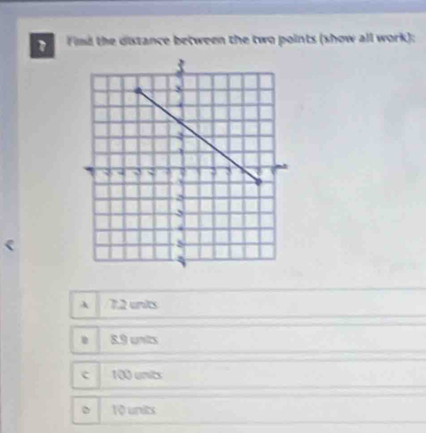 Fimd the distance between the two points (show all work);
A 7.2 units
8.9 units
c 100 units
10 units