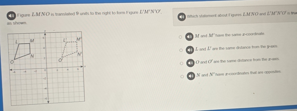 Figure LMNO is translated 9 units to the right to form Figure L'M'N'O',
Which statement about Figures LMNO and L'M'N'C is tru
as shown.
Mand M'
have the same x-coordinate.
are the same distance from the y-axis.
L and L'
O and O' are the same distance from the x-axis.
N and N' have æ-coordinates that are opposites.