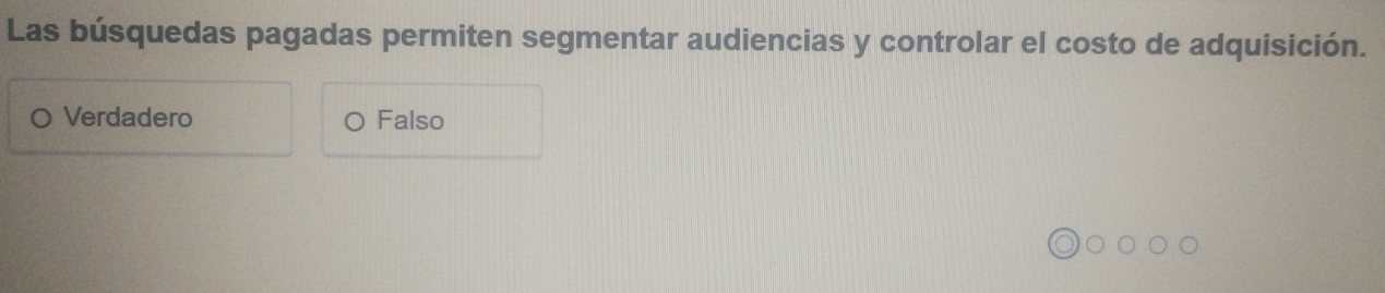 Las búsquedas pagadas permiten segmentar audiencias y controlar el costo de adquisición.
Verdadero Falso