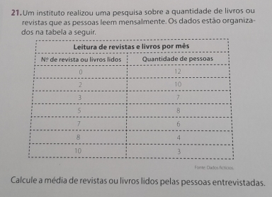 Um instituto realizou uma pesquisa sobre a quantidade de livros ou 
revistas que as pessoas leem mensalmente. Os dados estão organiza- 
dos na tabela a seguir. 
Forte: Dados ficticios 
Calcule a média de revistas ou livros lidos pelas pessoas entrevistadas.