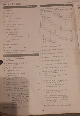 Si hofel § 5m
CTION 2 Test 3
Afenes
A Arames  
' 311+27= She table below is part of a spreotbheet tas Pahick asee
e of the salues in she table are miving he calicutate rs squiales and cubls of the nunsers t so io
1
1 34-115=34=
1101=10^2=
4 Epreis 1x epercortage %
% WWhat n 750% of 3
s Write one nimch as a discnul to 2 secirnal placini_
7 1.35+51+0.2.21= _
# Approm nabe 69 80 to a 2 deconal pièces
i the nownet whale num ber b _
_
0 E s mune la the nesnnt 130.
63% B=/_8=78
11 d=1 eval sane 2d^2
_
1 51-40=0 100=
_1 Whan is the coment of cell i5?
12 Express 18 as a product of prime conrbersby filing in the blanks 2* * =28
What is the content of rell C 11 _
B: t Wrhat is the content of (l AS )_
A marveis!
4 What aymber is mising from cell A6?
t H 10 bananza cont C 2 40, thên One will co it
D
2 How long will it sake to pary €27.50 _5: What number is inissing from cell (S?
w
(2.30pe
3 Ⅲ pintl=1 gallon. 40 pi=h __galloes § Wihat number ismesing from od C4?
?  What symber is maiing hon cell 191
4 21 llor  =  p  rh _0 B The salue of coll RT was found be
S Pythagoras died in 497 RCE age6 5 In what year was he born! CE king the losnula 3x^2/4
6  Find the cast of 2 25kg at 30pper  1/2 kg f__ What formesla was oald to cak olon #he “alue off col ¤10 ?
C. A soa it. 5om wide, Bcm long and 15cm igh, find iS volume. _9 The waue of celt CT can be found by using the fornula A7°6.7°A
crs!
a+ grea o 15cm^3 5 Whan forre ia can be used to
A squore with ==larged by the scale factor ? cn
What is the anea of the new squane? ca ouate the cuse of 9?
9 d card soard squte has it! _10 What would be the wiult of using
the forela A10°
paper. What is the smalies; pytline morked on a sheet o f 11 The value of cell C12 was. found
squaire about its centre. D eng e of retation of th by using the formula SUM1C2: C11)
i outlime again ? that will hing is back ont _the fornula SUMO2:BT71? What would be the resulf of using 
16 Approomale 20f1 30 the mcarest yand _yd M What nuimser is masing from cell B12?
20