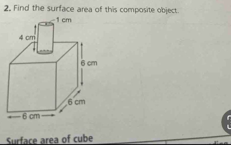 Find the surface area of this composite object. 
Surface area of cube