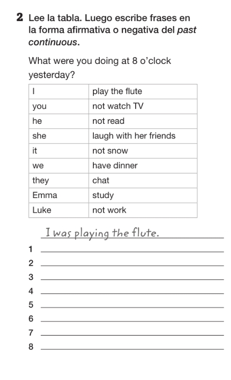 Lee la tabla. Luego escribe frases en 
la forma afirmativa o negativa del past 
continuous. 
What were you doing at 8 o'clock 
yesterday? 
_ 
flute._ 
_1 
_2 
_3 
_4 
_5 
_6 
_7 
_8