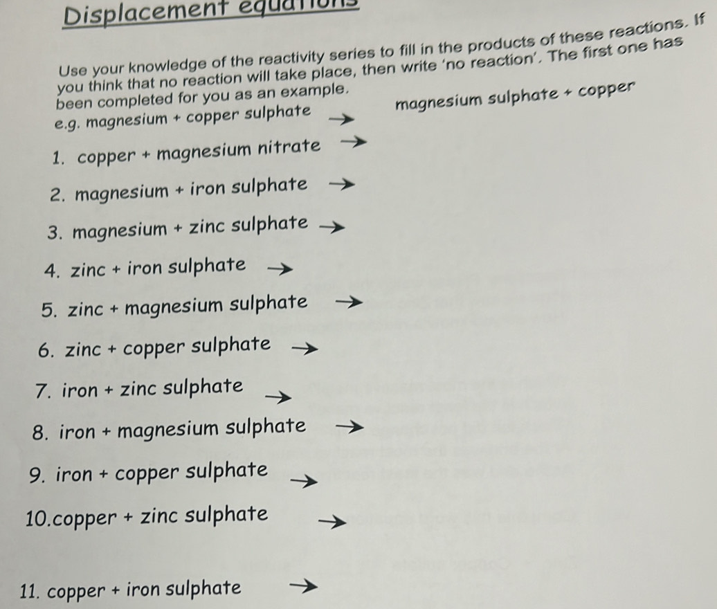 Displacement equations 
Use your knowledge of the reactivity series to fill in the products of these reactions. If 
you think that no reaction will take place, then write ‘no reaction’. The first one has 
been completed for you as an example. 
e.g. magnesium + copper sulphate magnesium sulphate + copper 
1. copper + magnesium nitrate 
2. magnesium + iron sulphate 
3. magnesium + zinc sulphate 
4. zinc + iron sulphate 
5. zinc + magnesium sulphate 
6. zinc + copper sulphate 
7. iron + zinc sulphate 
8. iron + magnesium sulphate 
9. iron + copper sulphate 
10.copper + zinc sulphate 
11. copper + iron sulphate