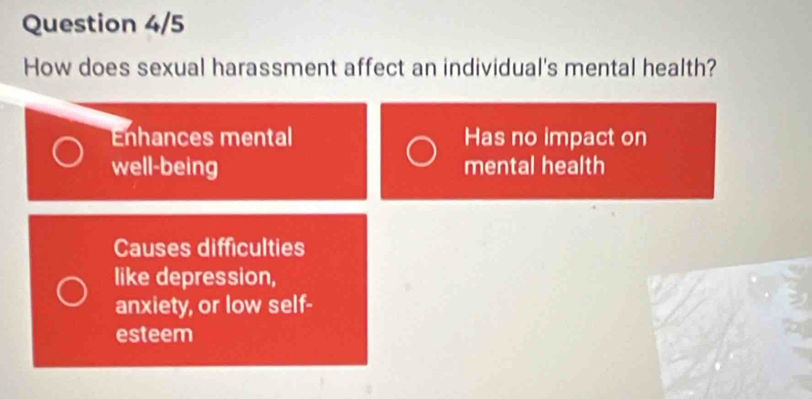 Question 4/5
How does sexual harassment affect an individual's mental health?
Enhances mental Has no impact on
well-being mental health
Causes difficulties
like depression,
anxiety, or low self-
esteem