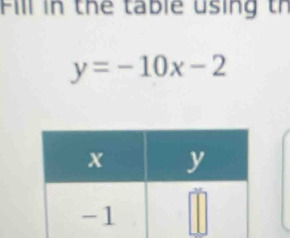 Fill in the table using th
y=-10x-2