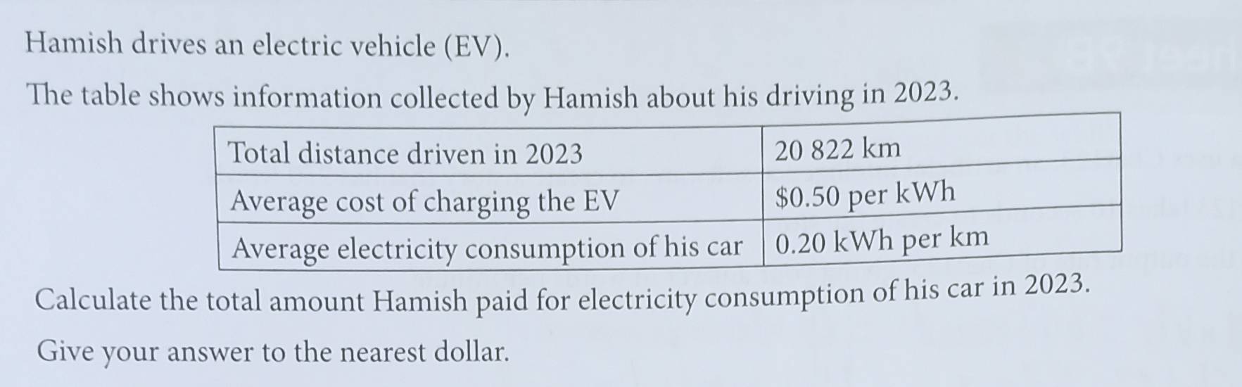 Hamish drives an electric vehicle (EV). 
The table shows information collected by Hamish about his driving in 2023. 
Calculate the total amount Hamish paid for electricity consumption of his car in 2023. 
Give your answer to the nearest dollar.