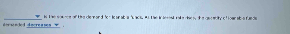 is the source of the demand for loanable funds. As the interest rate rises, the quantity of loanable funds 
demanded decreases .