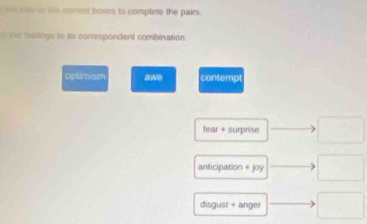 wal se to the correet boxes to complete the pairs.
ihe fesllings to its correspondent combination.
optimism awe contempt
fear + surprise
anticipation + joy
disgust + anger