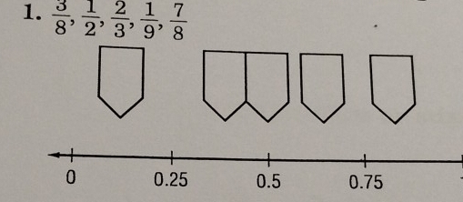  3/8 ,  1/2 ,  2/3 ,  1/9 ,  7/8 
0 0.25 0.5 0.75