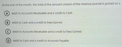 At the end of the month, the total of the amount column of the revenue journal is posted as a
A debit to Accounts Receivable and a credit to Cash
B)debit to Cash and a credit to Fees Earned
C) debit to Accounts Receivable and a credit to Fees Earned
D) debit to Cash and a credit to Accounts Payable