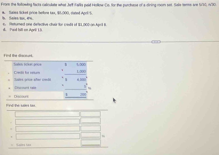 From the following facts calculate what Jeff Fallis paid Hollow Co. for the purchase of a dining room set. Sale terms are 5/10, n/30. 
a. Sales ticket price before tax, $5,000, dated April 5. 
b. Sales tax, 4%. 
c. Returned one defective chair for credit of $1,000 on April 8. 
d. Paid bill on April 13. 
Find the discount. 
Sales ticket price 
Credit for retum beginarrayr 3beginarrayr 5.000 * 1.000 hline 54.000 hline 4.090 beginarrayr 4.000 hline endarray
Sales price after credit 
× Discount rate 
= Discount
$ □  200
Find the sales tax. 
_ 
= 
× 
_% 
Sales tax 
_