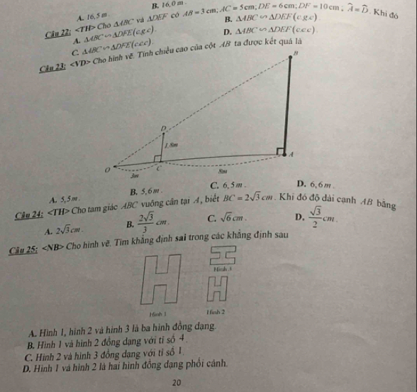 B. 16,0 m
A. 16,5 m và △ DEF có AB=3cm;AC=5cm;DE=6cm;DF=10cm;widehat A=widehat D △ ABC∽ △ DEF(cg.c). Khi đó
Cho △ ABC
B.
Câu 22: ∠ TIP △ ABC∽ △ DFE(cg.c). D. △ ABC∽ △ DEF(ccc).
A.
C. 
Câu 23: ∠ VD>
D. 6,6m .
C. 6, 5 m .
A. 5,5m . B. 5,6 m .
Câu 24: ∠ TH> Cho tam giáo ABC vuông cần tại A, biết BC=2sqrt(3)cm Khi đó độ dài cạnh AB bằng
A. 2sqrt(3)cm. B.  2sqrt(3)/3 cm. C. sqrt(6)cm. D.  sqrt(3)/2 cm.
Câu 25: Cho hình về. Tim khẳng định sai trong các khẳng định sau
Hinh t
Hinh 1 1 inh 2
A. Hình 1, hình 2 và hình 3 là ba hình đồng dạng.
B. Hình 1 và hình 2 đồng dạng với tỉ số 4.
C. Hình 2 và hình 3 đồng dạng với tỉ số 1
D. Hình 1 và hình 2 là hai hình đồng đạng phối cánh.
20