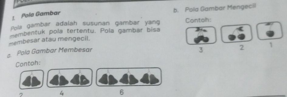 Pola Gambar Mengecil 
1. Pola Gambar 
Pola gambar adalah susunan gambar yang Contoh: 
membentuk pola tertentu. Pola gambar bisa 
membesar atau mengecil. 
2 1
a. Pola Gambar Membesar 
3 
Contoh:
7
4 
6