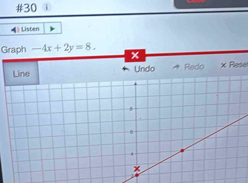 #30 i 
Listen 
Graph -4x+2y=8.
x
Undo Redo x Rese