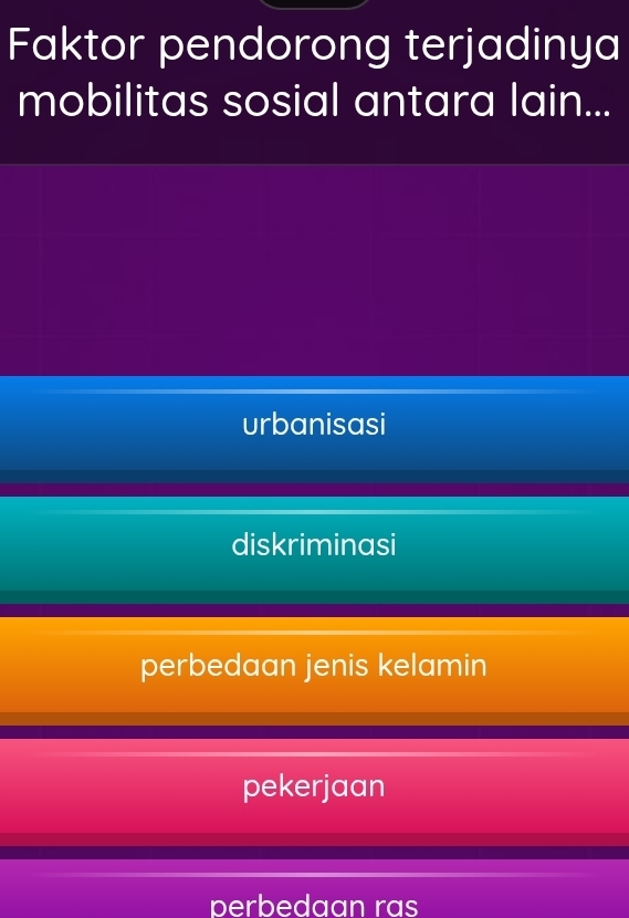 Faktor pendorong terjadinya
mobilitas sosial antara lain...
urbanisasi
diskriminasi
perbedaan jenis kelamin
pekerjaan
perbedaan ras