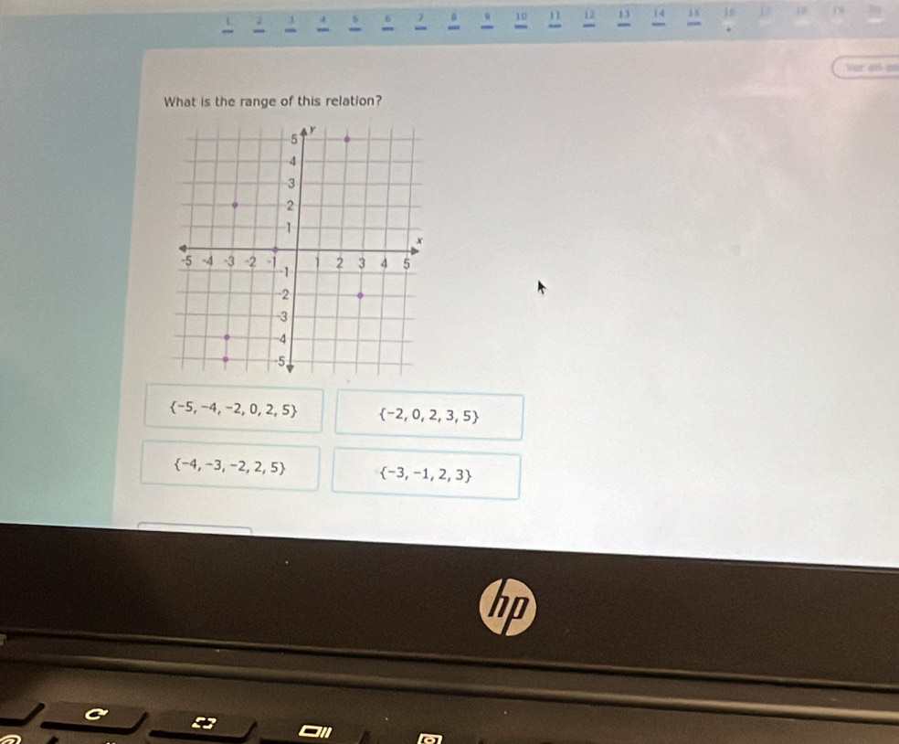 4 s 6 2 a . 10 1 12 13 1 4 16 16 18 19
-
Ver en as
What is the range of this relation?
 -5,-4,-2,0,2,5  -2,0,2,3,5
 -4,-3,-2,2,5  -3,-1,2,3
n