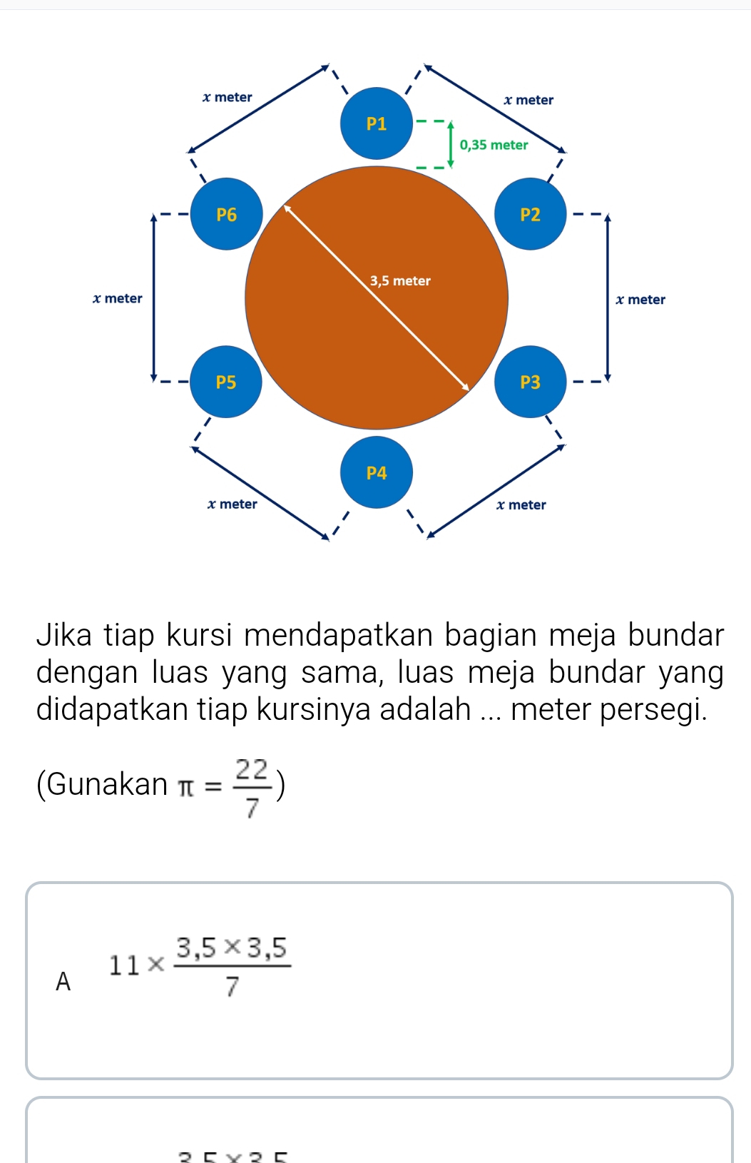 Jika tiap kursi mendapatkan bagian meja bundar 
dengan luas yang sama, luas meja bundar yang 
didapatkan tiap kursinya adalah ... meter persegi. 
(Gunakan π = 22/7 )
A 11*  (3,5* 3,5)/7 