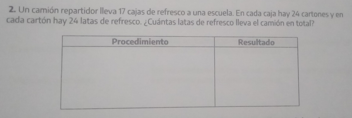 Un camión repartidor lleva 17 cajas de refresco a una escuela. En cada caja hay 24 cartones y en 
cada cartón hay 24 latas de refresco. ¿Cuántas latas de refresco lleva el camión en total?