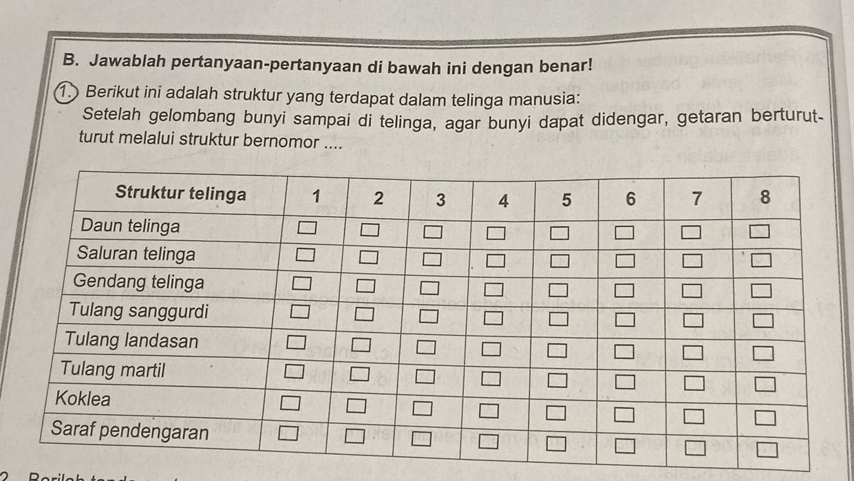 Jawablah pertanyaan-pertanyaan di bawah ini dengan benar! 
①. Berikut ini adalah struktur yang terdapat dalam telinga manusia: 
Setelah gelombang bunyi sampai di telinga, agar bunyi dapat didengar, getaran berturut- 
turut melalui struktur bernomor ....