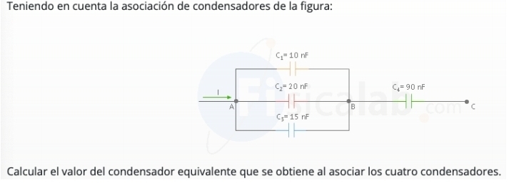 Teniendo en cuenta la asociación de condensadores de la figura:
Calcular el valor del condensador equivalente que se obtiene al asociar los cuatro condensadores.