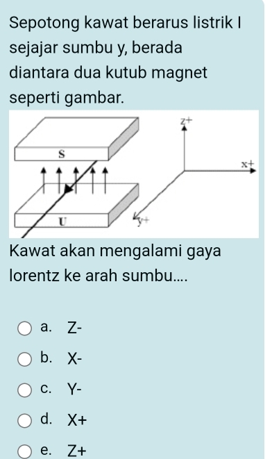 Sepotong kawat berarus listrik I
sejajar sumbu y, berada
diantara dua kutub magnet
seperti gambar.
Kawat akan mengalami gaya
lorentz ke arah sumbu....
a. Z-
b. X-
c. Y-
d. X+
e. Z+