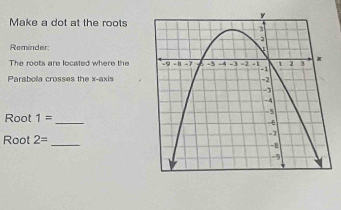 Make a dot at the roots 
Reminder; 
The roots are located where the 
Parabola crosses the x-axis 
Root 1=
_ 
Root 2= _