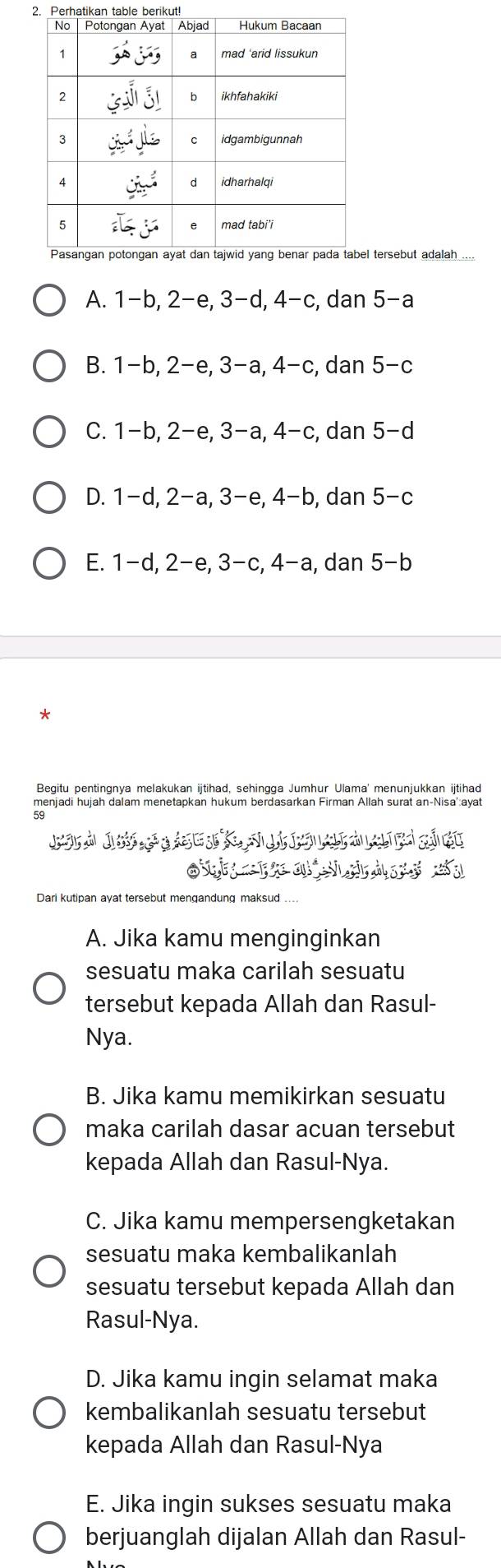 Perhatikan table berikut
l tersebut adalah ....
A. 1-b, 2-e, 3-d, 4-c, dan 5- a
B. 1-b, 2-e, 3−a, 4-c, dan 5-c
C. 1-b, 2-e, 3−a, 4-c, dan 5-d
D. 1-d, 2−a, 3−e, 4-b, dan 5-c
E. 1-d, 2-e, 3-c, 4-a, dan 5-b

Begitu pentingnya melakukan ijtihad, sehingga Jumhur Ulama' menunjukkan ijtihad
menjadi hujah dalam menetapkan hukum berdasarkan Firman Allah surat an-Nisa':ayat
59
a
Dari kutipan ayat tersebut mengandung maksud ...
A. Jika kamu menginginkan
sesuatu maka carilah sesuatu
tersebut kepada Allah dan Rasul-
Nya.
B. Jika kamu memikirkan sesuatu
maka carilah dasar acuan tersebut
kepada Allah dan Rasul-Nya.
C. Jika kamu mempersengketakan
sesuatu maka kembalikanlah
sesuatu tersebut kepada Allah dan
Rasul-Nya.
D. Jika kamu ingin selamat maka
kembalikanlah sesuatu tersebut
kepada Allah dan Rasul-Nya
E. Jika ingin sukses sesuatu maka
berjuanglah dijalan Allah dan Rasul-