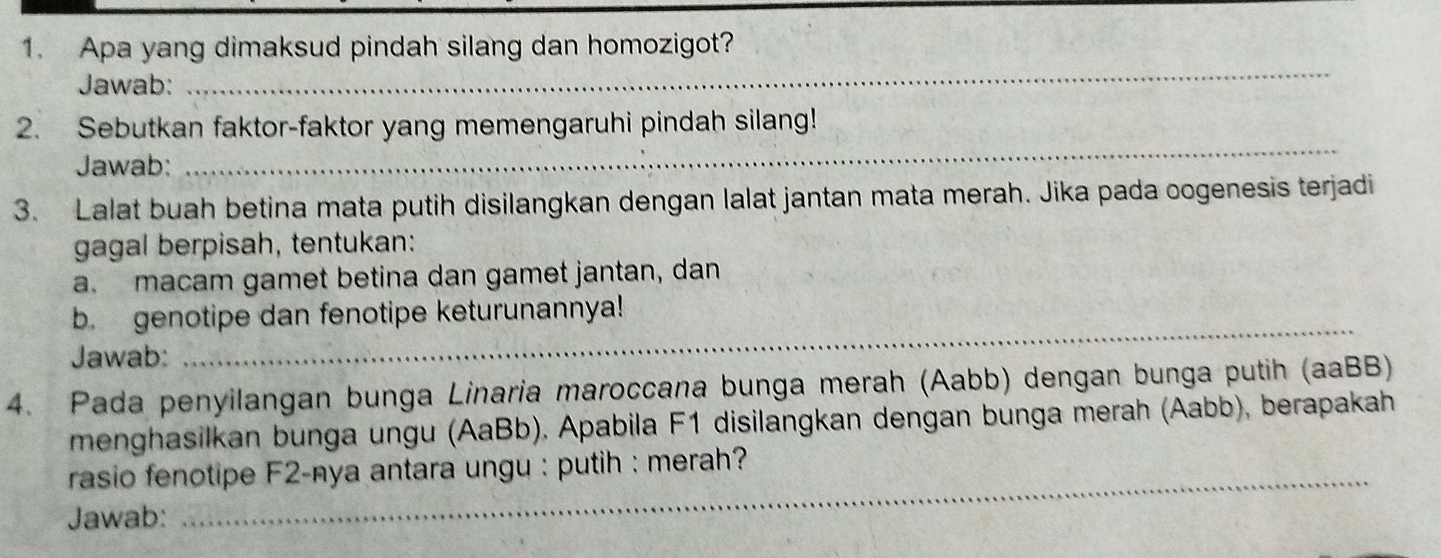 Apa yang dimaksud pindah silang dan homozigot? 
Jawab: 
_ 
2. Sebutkan faktor-faktor yang memengaruhi pindah silang! 
Jawab: 
_ 
3. Lalat buah betina mata putih disilangkan dengan lalat jantan mata merah. Jika pada oogenesis terjadi 
gagal berpisah, tentukan: 
a. macam gamet betina dan gamet jantan, dan 
b. genotipe dan fenotipe keturunannya! 
Jawab: 
_ 
4. Pada penyilangan bunga Linaria maroccana bunga merah (Aabb) dengan bunga putih (aaBB) 
menghasilkan bunga ungu (AaBb). Apabila F1 disilangkan dengan bunga merah (Aabb), berapakah 
rasio fenotipe F2-nya antara ungu : putih : merah? 
Jawab: