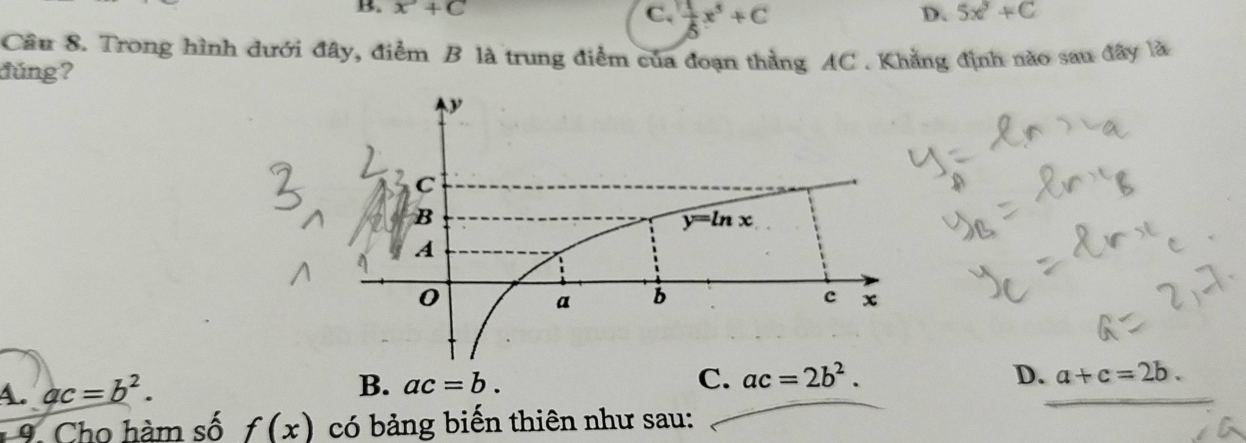 B. x^2+C C、  1/6 x^5+C
D. 5x^3+C
Cầu 8. Trong hình đưới đây, điểm B là trung điểm của đoạn thẳng AC . Khẳng định nào sau đây là
đúng?
4. ac=b^2.
B. ac=b. C. ac=2b^2.
D. a+c=2b.
9. Cho hàm số f(x) có bảng biến thiên như sau: